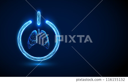 Abstract blue human lungs inside a power button. Human health protection concept Low poly futuristic digital technology neon style. Geometric background. Wireframe light structure. 3d graphic. Vector. 116155132