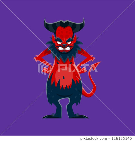 Cartoon Halloween devil evil character. Vector creepy imp personage. Fiend of hell creature with red skin, horns, peaky tail and goat hoofed legs stand with arms akimbo. Autumn holiday Satan creature 116155140