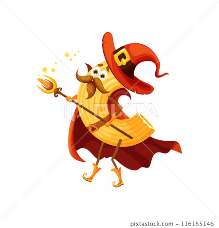 Cartoon Halloween italian pasta wizard character with magic staff. Isolated vector cornetti rigati noodle personage wearing red robe exudes spooky charm and adds flavor of Italy cuisine to the holiday 116155146