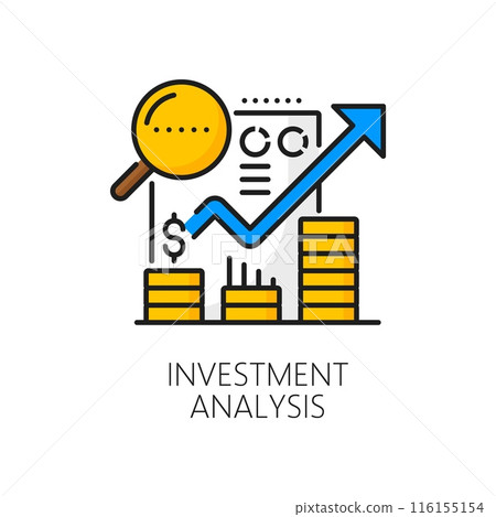 Color investment analysis line icon of vector money stock, finance and economy. Outline graph of investment portfolio or financial fund graph, gold coins and magnifying glass, invested assets, bonds Color investment analysis line icon of vector money stock, finance and economy. Outline graph of investment portfolio or financial fund graph, gold coins and magnifying glass, invested assets, bonds 116155154