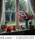 Image of flowers and vase on the window, duck and dog figurines on the windowsill, and rain outside 116155155