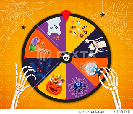 Halloween spin, fortune wheel roulette. Gambling spin, bet jackpot game vector Halloween roulette with ghost, mummy and bat cartoon characters, candy treat, spider web, skeleton hand and magic potions 116155156