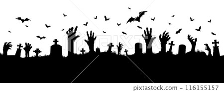 Zombie hands on cemetery silhouette, Halloween holiday and horror night vector background. Dead and undead zombie hands reaching out of graves with tombstones on graveyard and flying bats silhouettes Zombie hands on cemetery silhouette, Halloween holiday and horror night vector background. Dead and undead zombie hands reaching out of graves with tombstones on graveyard and flying bats silhouettes 116155157