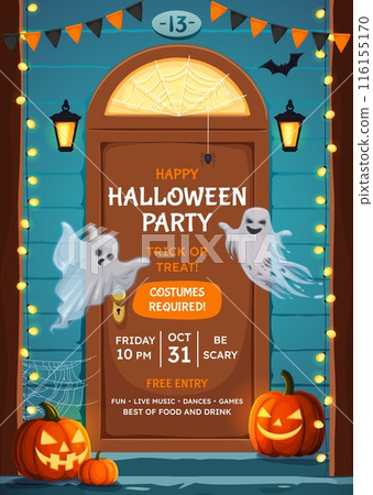 Halloween party flyer with door and porch, pumpkin lanterns and ghosts. Vector invitation poster for celebration horror night and trick or treat party. Cottage doorway with spooky flying phantoms Halloween party flyer with door and porch, pumpkin lanterns and ghosts. Vector invitation poster for celebration horror night and trick or treat party. Cottage doorway with spooky flying phantoms 116155170