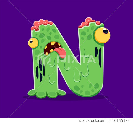 Halloween font, letter N as cartoon zombie slime character for horror alphabet, vector ABC. Halloween holiday font type or kids spooky typeface of letter N as zombie monster with brain for typography 116155184