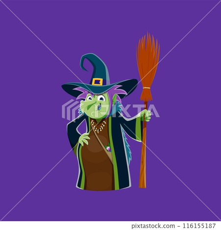 Cartoon Halloween witch character with broom. Isolated vector spooky, sinister woman with smiling face and green skin wear pointed hat and long dress. Hex in magician costume, scary hag personage 116155187