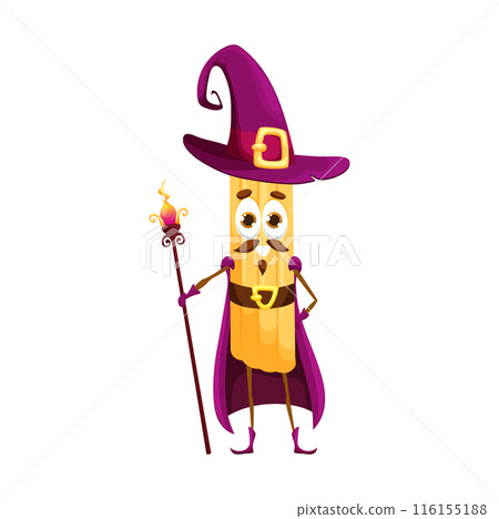 Cartoon Halloween italian pasta wizard character. Isolated vector penne in hat and robe, holding staff, casting spells, adding magic to spooky season, and celebrating holiday with humor and creativity 116155188