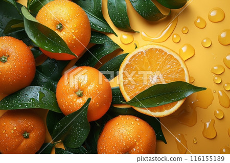 Fresh oranges and green leaves with water droplets on a yellow background, vibrant and refreshing 116155189