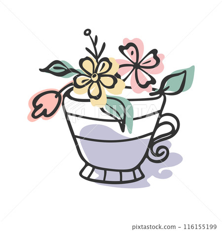Cup symbol clipart composition. Doodle hand drawn decorative ink stroke line flower teacup, black sketch contour, pastel colored cartoon flat design. Vector illustration for interior, poster, web card Cup symbol clipart composition. Doodle hand drawn decorative ink stroke line flower teacup, black sketch contour, pastel colored cartoon flat design. Vector illustration for interior, poster, web card 116155199