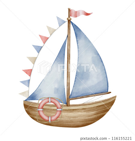 Sailboat watercolor illustration. Drawing of sailing ship with garland in pastel colors for Baby shower design on isolated background. Sketch of Boat or Yacht with pennant for nautical childish design 116155221
