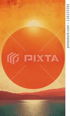 Large, bright orange sun against textured, warm-toned sky. Vertical image. 116155592
