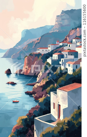 Picturesque coastal village with white houses on cliffs by serene blue sea. Minimalistic poster. 116155600