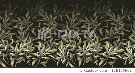 Olive branch, no fruit with green leaves. Watercolor botanical floral seamless border, pattern Hand drawn nature leaf illustration for food oil label, wallpaper, packaging on isolated dark background 116155601