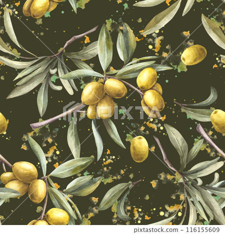 Olive tree branch with green leaves and berries on watercolor splashes stains on dark background. Seamless pattern Hand painted herbal illustration Botanical clipart for packing, wallpaper. Isolated Olive tree branch with green leaves and berries on watercolor splashes stains on dark background. Seamless pattern Hand painted herbal illustration Botanical clipart for packing, wallpaper. Isolated 116155609