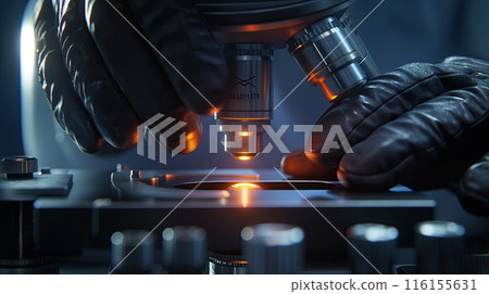 Scientist working microscope laboratory closeup. Science chemistry biology medicine people concept 116155631