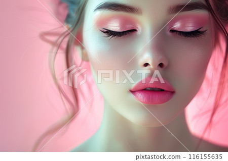 Studio photo of a woman face showing perfectly done pink makeup 116155635