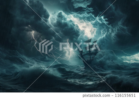 A sailing ship caught in a huge storm at sea 116155651