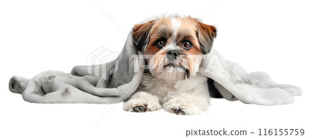 Shih Tzu dog wrapped in blanket isolated on transparent background, pet concept Shih Tzu dog wrapped in blanket isolated on transparent background, pet concept 116155759