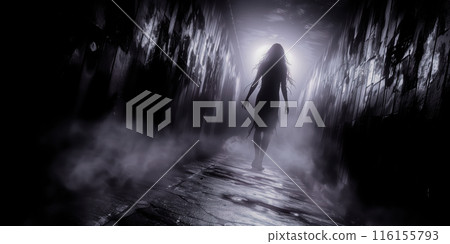 一個可怕的鬼魂從廢墟的黑暗通道中逼近。 116155793