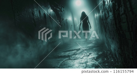 一個令人毛骨悚然的女人從黑暗骯髒的走廊的另一邊走過 116155794