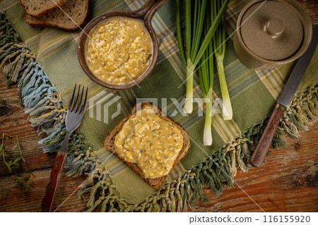 Top view of egg spread on toast bread Top view of egg spread on toast bread 116155920