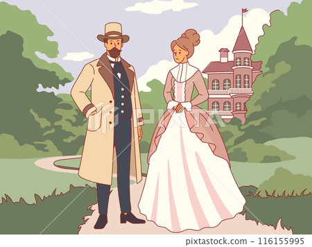 Aristocrats couple on walk. People in vintage clothes on castle background, elegant victorian suit and dress, 19th century britain, man and woman in park, vector cartoon flat isolated concept Aristocrats couple on walk. People in vintage clothes on castle background, elegant victorian suit and dress, 19th century britain, man and woman in park, vector cartoon flat isolated concept 116155995