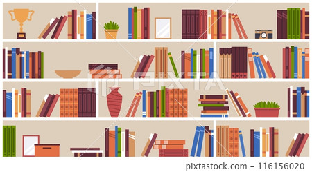 Bookshelves in library closet. Bookcase with books, rows of literature in different bindings, vases and pots, decorations, cozy interior cartoon flat style isolated nowaday vector concept 116156020