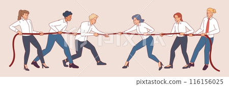 Business people tug of war. Opposing office teams, men, women in formal clothes pull rope, competitive fight, confrontation or teamwork game, cartoon flat style isolated vector concept 116156025