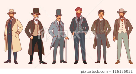 Cartoon gentleman. English retro people, male characters in vintage clothes with walking cane and hat, elegant style, britain aristocracy, man with mustache and beard, 19th century vector set Cartoon gentleman. English retro people, male characters in vintage clothes with walking cane and hat, elegant style, britain aristocracy, man with mustache and beard, 19th century vector set 116156031