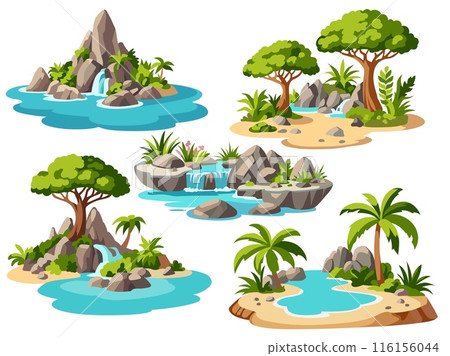 Cartoon tropical islands. Palm, reservoirs and trees, rocks and waterfalls, summer weekend holiday, game landscapes elements. Paradise uninhabited sand. Caribbean sea, vector isolated set 116156044