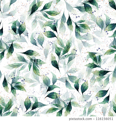 Seamless pattern with green leaves on white background, illustration in vintage watercolor style. Seamless pattern with green leaves on white background, illustration in vintage watercolor style. 116156051