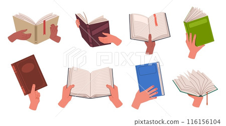 Human hands holding books. Readers with literature volumes, textbooks different positions, education and knowledge, back to school, nowaday vector cartoon flat isolated illustration set Human hands holding books. Readers with literature volumes, textbooks different positions, education and knowledge, back to school, nowaday vector cartoon flat isolated illustration set 116156104