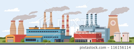 Industrial zone building. Factory with smoking pipes, nuclear power plant, getting electricity, atmosphere emissions, chimneys smoke cartoon flat isolated illustration, nowaday vector concept Industrial zone building. Factory with smoking pipes, nuclear power plant, getting electricity, atmosphere emissions, chimneys smoke cartoon flat isolated illustration, nowaday vector concept 116156114