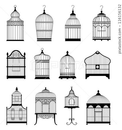 Silhouette bird cages set. Empty decorative vintage houses for parrots and canaries, elegant interlacing of metal rods, pets retro homes different types, vector set isolated on white background 116156132