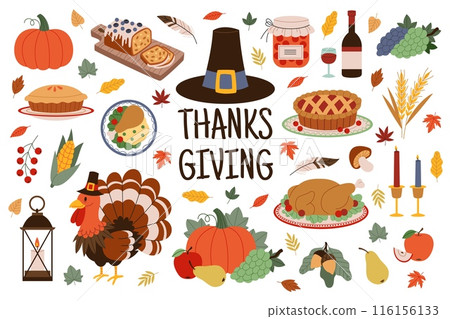 Thanksgiving day. Harvest festival elements, family autumn holiday, traditional turkey and different food, pumpkin pie and corn, pilgrim hat, cartoon flat style isolated tidy vector set 116156133