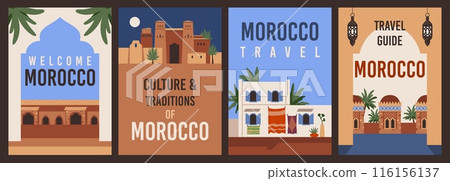 Travel morocco touristic cards. Traditional architecture, muslim country, nature landscape, authentic ornaments, architecture guide banners, ramadan kareem postcard, tidy vector posters set 116156137