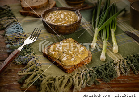 Egg spread on toast bread Egg spread on toast bread 116156151