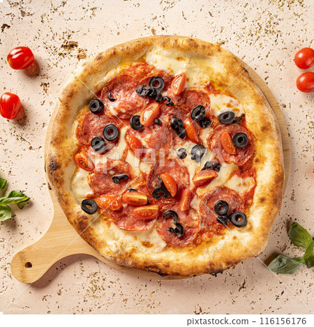Delicious pizza with mozzarella Delicious pizza with mozzarella 116156176