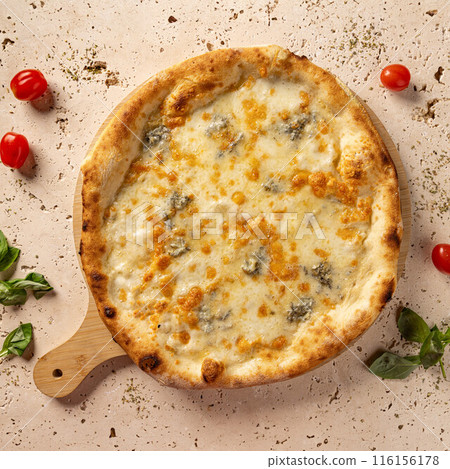 Freshly baked four cheese pizza Freshly baked four cheese pizza 116156178