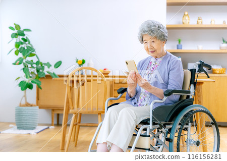 Elderly woman in a wheelchair looking at a smartphone 116156281