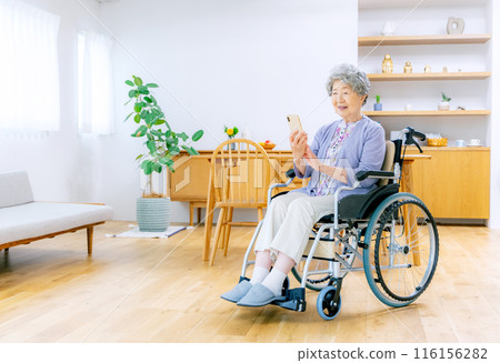 Elderly woman in a wheelchair looking at a smartphone Elderly woman in a wheelchair looking at a smartphone 116156282
