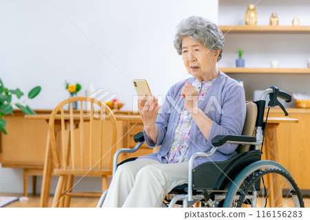 Elderly woman in a wheelchair looking at a smartphone Elderly woman in a wheelchair looking at a smartphone 116156283