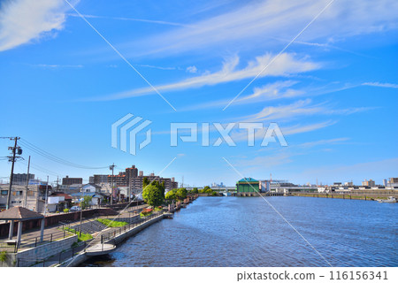 Aichi Prefecture: Nagoya cityscape, Nakagawa Canal, Minato Ward 116156341