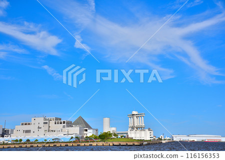 Aichi Prefecture Nagoya cityscape: Blue sky and white clouds at Nagoya Port 116156353