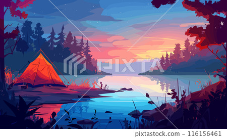 Tourist Tent Forest Lake Shore Cartoon Background Dawn Scenic Landscape Sunrise Outdoor Camping Adventure Serene Morning Nature Wilderness Tranquil Water Reflection Trees Grass 116156461