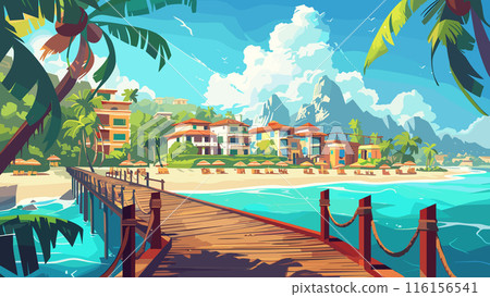 Pier Overlooking Beach Resort Town Cartoon Background Coastal View Summer Getaway Holiday Destination Seaside Landscape Tropical Vacation Seascape Illustration Beachfront Scene 116156541