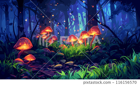 Magical Glowing Mushrooms Thick Grass Forest Cartoon Background Enchanted Woodland Luminescent Fungi Mystical Nature Fairy Tale Scenery Lush Greenery Magical Landscape Whimsical 116156570