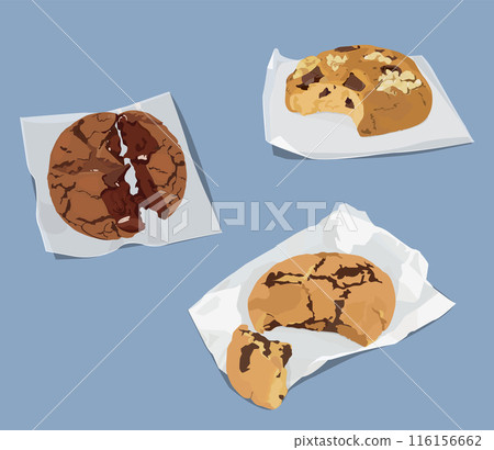 Chocolate chip cookies on baking paper set. 116156662