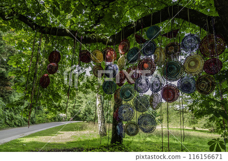 Meise Botanical Garden in Belgium. Straw hats hanging on a tree 116156671