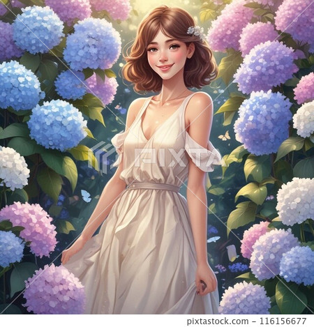 背景中有繡球花的微笑年輕女子的肖像 10 116156677
